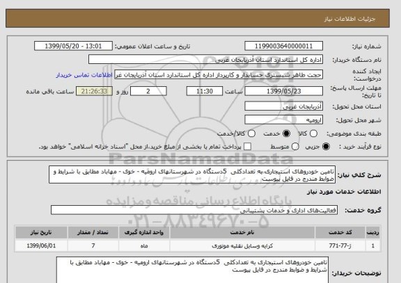 استعلام تامین خودروهای استیجاری, سامانه ستاد