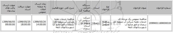 مناقصه عمومی یک مرحله ای   خدمات نقلیه شرکت آب منطقه ای سمنان و امور منابع آب شهرستانهای تابعه