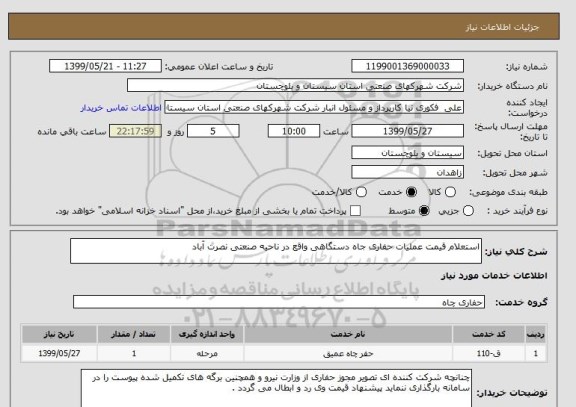 استعلام استعلام قیمت عملیات حفاری جاه دستگاهی واقع در ناحیه صنعتی نصرت آباد 