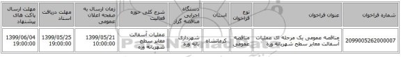 مناقصه عمومی یک مرحله ای عملیات آسفالت معابر سطح شهربانه وره 