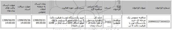 مناقصه عمومی یک مرحله ای خرید یک‌دستگاه لودر با ظرفیت باکت 5 تن