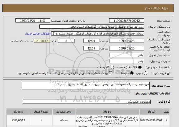 استعلام خرید تجهیزات پایگاه محوطه شهر تاریخی سیروان . شرح کالا ها به پیوست میباشد.