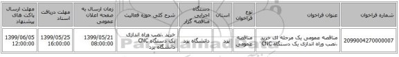 مناقصه عمومی یک مرحله ای خرید ،نصب وراه اندازی یک دستگاه CNC