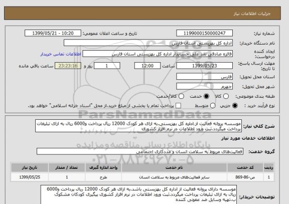 استعلام موسسه پروانه فعالیت از اداره کل بهزیستی.به ازای هر کودک 12000 ریال پرداخت و6000 ریال به ازای تبلیغات پرداخت میگردد.ثبت ورود اطلاعات در نرم افزار کشوری