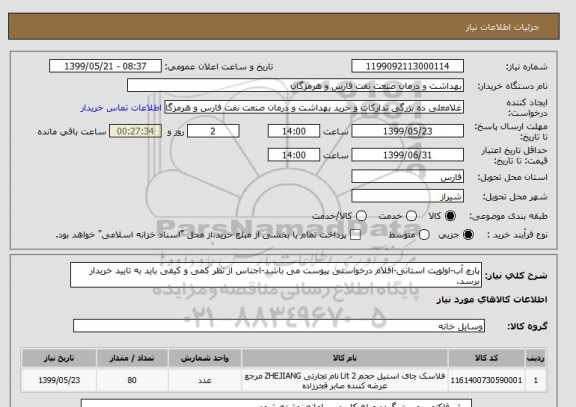 استعلام پارچ آب-اولویت استانی-اقلام درخواستی پیوست می باشد-اجناس از نظر کمی و کیفی باید به تایید خریدار برسد.