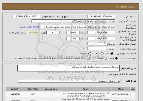 استعلام خرید گان ضدویروس لمینت وماسک کشدار سه لایه