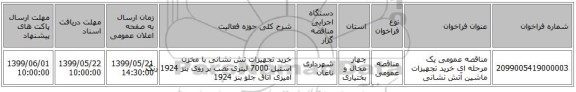 مناقصه عمومی یک مرحله ای خرید تجهیزات  ماشین آتش  نشانی