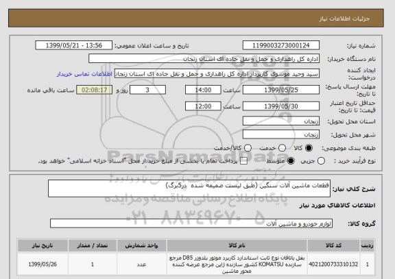 استعلام قطعات ماشین آلات سنگین (طبق لیست ضمیمه شده  در5برگ)