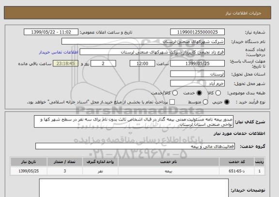 استعلام صدور بیمه نامه مسئولیت مدنی بیمه گذار در قبال اشخاص ثالث بدون نام برای سه نفر در سطح شهر کها و نواحی صنعتی استان لرستان