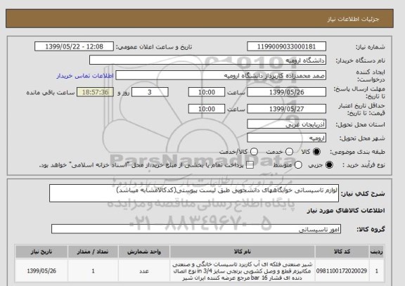 استعلام لوازم تاسیساتی خوابگاههای دانشجویی طبق لیست پیوستی(کدکالامشابه میباشد)