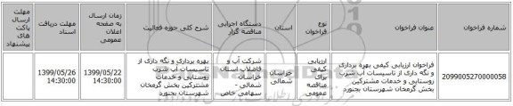 فراخوان ارزیابی کیفی بهره برداری  و نگه داری از تاسیسات آب شرب روستایی  و خدمات مشترکین بخش گرمخان  شهرستان بجنورد  