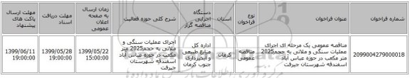 مناقصه عمومی یک مرحله ای اجرای عملیات سنگی و ملاتی به حجم2025 متر مکعب در حوزه عباس آباد اسفندقه شهرستان جیرفت