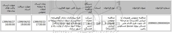 مناقصه عمومی همزمان با ارزیابی (فشرده) دو مرحله ای جهت طرح اقدام ملی مسکن پروژه مجتمع مسکونی رامین 