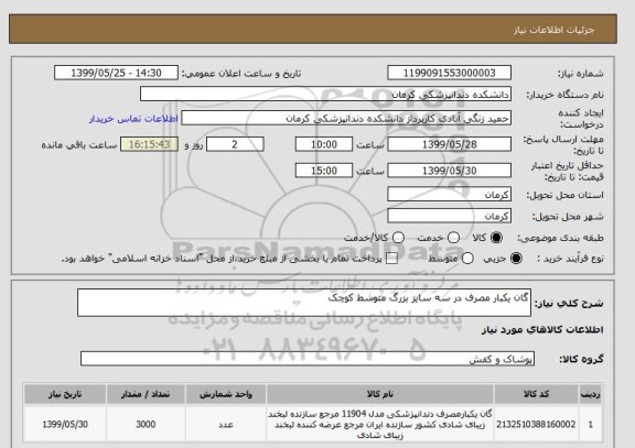 استعلام گان یکبار مصرف در سه سایز بزرگ متوسط کوچک 