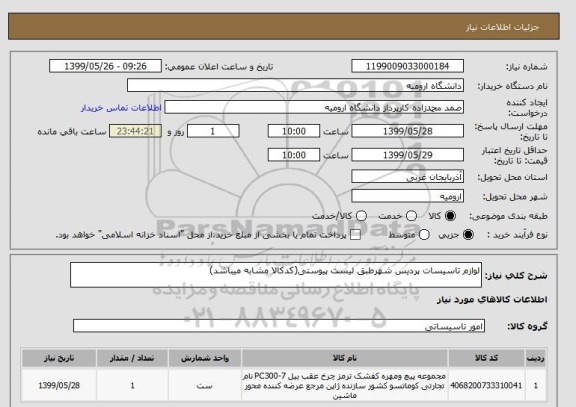 استعلام لوازم تاسیسات پردیس شهرطبق لیست پیوستی(کدکالا مشابه میباشد)