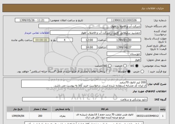 استعلام 200 لیتر اتانول 70درصد
از ایران کد مشابه استفاده شده است. درخواست خرید کالا به پیوست می باشد.