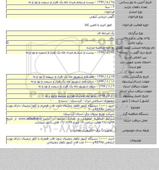 خرید ۱۰۰۰۰ دستگاه کنتور تکفاز دیجیتال بدون قاب همراه با کاور ترمینال دارای پورت ارتباطی RS۴۸۵   و ۶۰