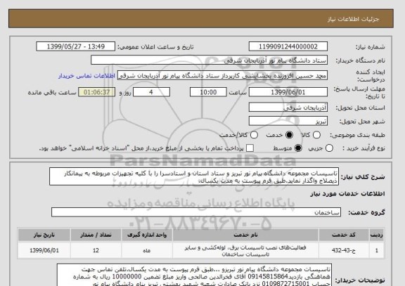 استعلام تاسیسات مجموعه دانشگاه پیام نور تبریز و ستاد استان و استادسرا را با کلیه تجهیزات مربوطه به پیمانکار ذیصلاح واگذار نماید.طبق فرم پیوست به مدت یکسال.