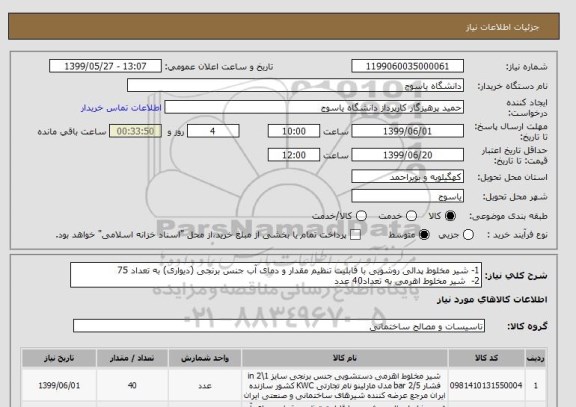 استعلام 1- شیر مخلوط پدالی روشویی با قابلیت تنظیم مقدار و دمای آب جنس برنجی (دیواری) به تعداد 75 
2-  شیر مخلوط اهرمی به تعداد40 عدد