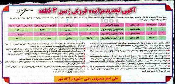 مزایده مزایده تجدید فروش زمین 3 قطعه مسکونی نوبت اول 