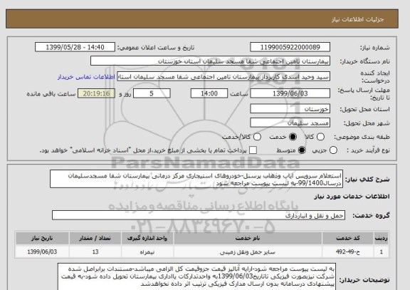 استعلام استعلام سرویس ایاب وذهاب پرسنل-خودروهای استیجاری مرکز درمانی بیمارستان شفا مسجدسلیمان درسال99/1400-به لیست پیوست مراجعه شود