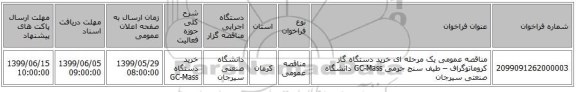 مناقصه عمومی یک مرحله ای خرید دستگاه گاز کروماتوگراف – طیف سنج جرمی GC-Mass دانشگاه صنعتی سیرجان