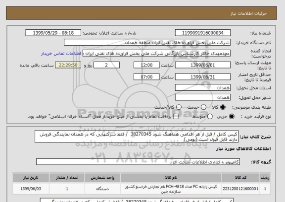 استعلام کیس کامل / قبل از هر اقدامی هماهنگ شود 38270345  / فقط شرکتهایی که در همدان نمایندگی فروش دارند قابل قبول است (بومی)