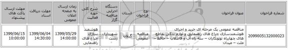 مناقصه عمومی یک مرحله ای خرید و اجرای هوشمندسازی چراغ های راهنمایی و لوازم یدکی تقاطع های چهارراه توتونکاران – سه راه آب و فاضلاب – حافظ – ملت – میدان