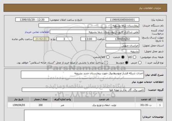 استعلام احداث شبکه فشار متوسط برق جهت بیمارستان جدید بشرویه