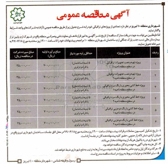 مناقصه، مناقصه پروژه تهیه و نصب تجهیزات ترافیکی