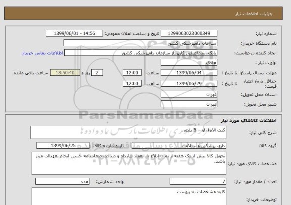 استعلام کیت الایزا رئو – 5 پلیتی 