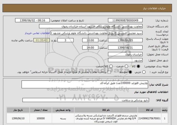 استعلام وارنیش فلوراید 100000عدد طبق ایران کد