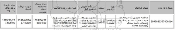 مناقصه عمومی یک مرحله ای خرید ، حمل ، نصب و راه اندازی  تجهیزات ذخیره سازی  (SAN Storage)