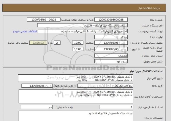 استعلام 1-کابل معمولی N2XY 3*120+50 --------و200 متر
2--کابل معمولی NCFRYKY 3*95 --------و400 متر