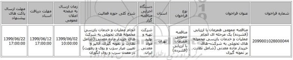 مناقصه عمومی همزمان با ارزیابی (فشرده) یک مرحله ای انجام عملیات و خدمات بازرسی محموله های تحویلی  به شرکت¬های خریدار  ماده  معدنی  (شامل نظارت بر نمونه گیری 