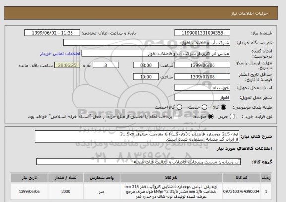 استعلام لوله 315 دوجداره فاضلابی (کاروگیت) با مقاومت حلقوی 31.5kn 
از ایران کد مشابه استفاده شده است.