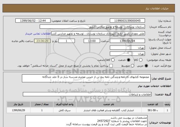 استعلام  مجموعه کتابهای کارنامه و زندگی نامه پنج تن از خیرین محترم مدرسه ساز در 5 جلد جداگانه