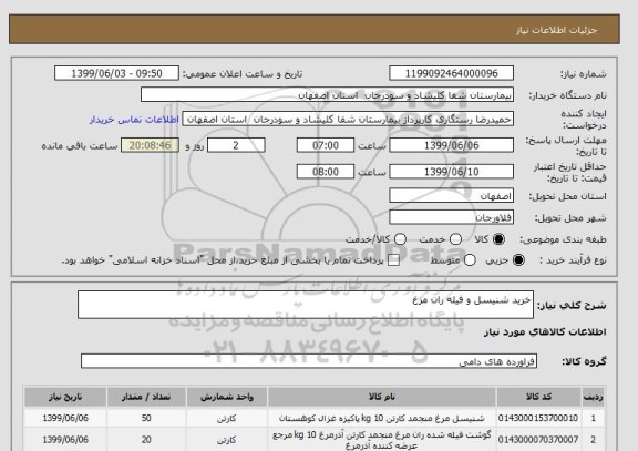 استعلام خرید شنیسل و فیله ران مرغ