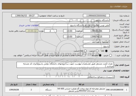 استعلام  تعداد 2عدد مشعل طبق مشخصات پیوست جهت ساختمانهای دانشگاه دولتی یاسوج(ایران کد مشایه میباشد )