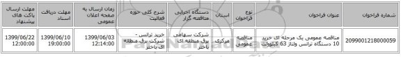 مناقصه عمومی یک مرحله ای  خرید 10 دستگاه ترانس ولتاژ 63 کیلوولت