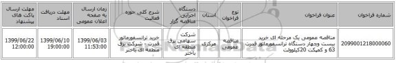 مناقصه عمومی یک مرحله ای خرید بیست وچهار دستگاه ترانسفورماتور قدرت 63 و کمپکت 20کیلوولت