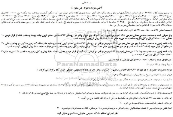 مزایده،مزایده فروش 1- باغ معرفی شده به مساحت ده من محلی (هرمن 112/5مترمربع) بدون آب و... 