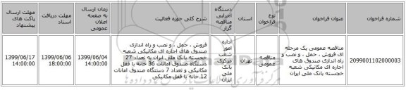 مناقصه عمومی یک مرحله ای فروش ، حمل ، و نصب و راه اندازی صندوق های اجاره ای مکانیکی شعبه خجسته بانک ملی ایران