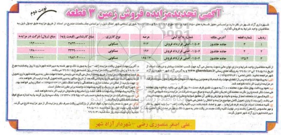 مزایده مزایده تجدید فروش زمین 3 قطعه مسکونی نوبت دوم 