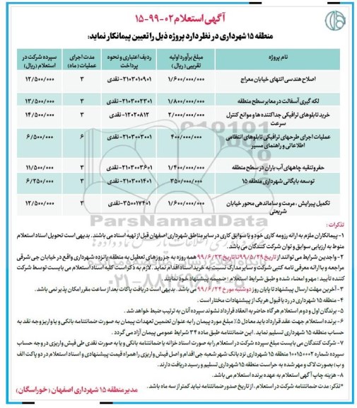 آگهی استعلام, استعلام اصلاح هندسی انتهای خیابان... 