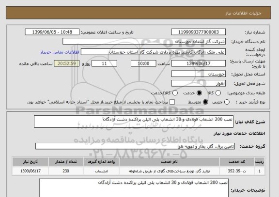 استعلام نصب 200 انشعاب فولادی و 30 انشعاب پلی اتیلن پراکنده دشت آزادگان