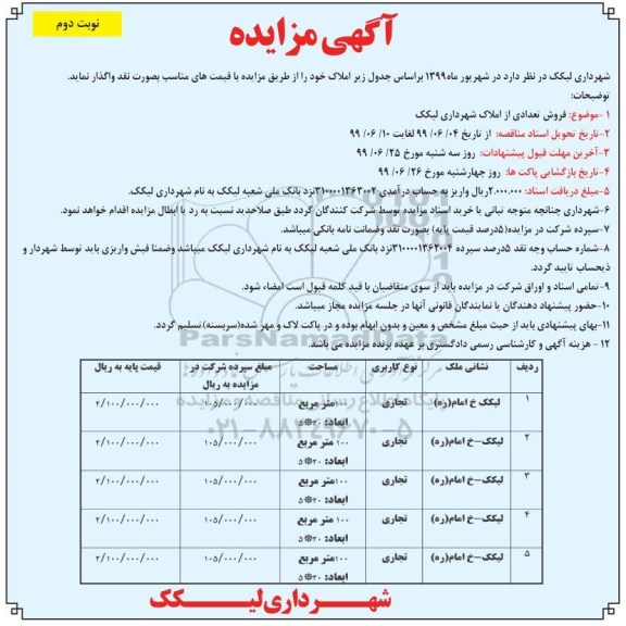 مزایده، مزایده فروش تعدادی از املاک تجاری نوبت دوم 