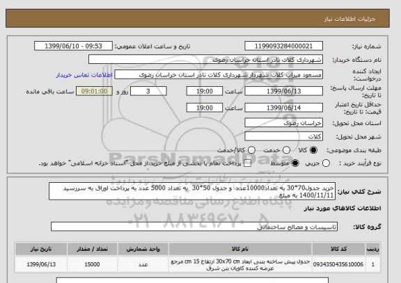 استعلام خرید جدول70*30 به تعداد10000عدد  و جدول 50*30  به تعداد 5000 عدد به پرداخت اوراق به سررسید 1400/11/11 به مبلغ 