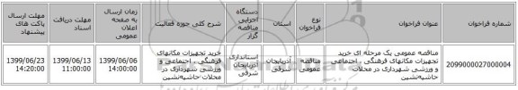 مناقصه عمومی یک مرحله ای خرید تجهیزات مکانهای فرهنگی ، اجتماعی و ورزشی شهرداری در محلات حاشیه‌نشین