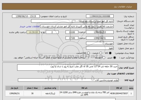 استعلام خرید 30 حلقه تایر 24*12 نخی 18 لا  گل عقب تاریخ به روز با شال و تیوپ